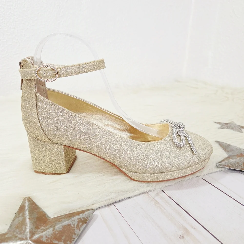 Nina Daylin Gold Glitter Girls Dress Shoes Metallic Rhinestone Bow Heels Size 6